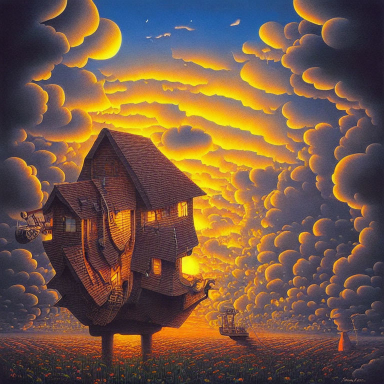 Whimsical crooked house on tree in surreal landscape