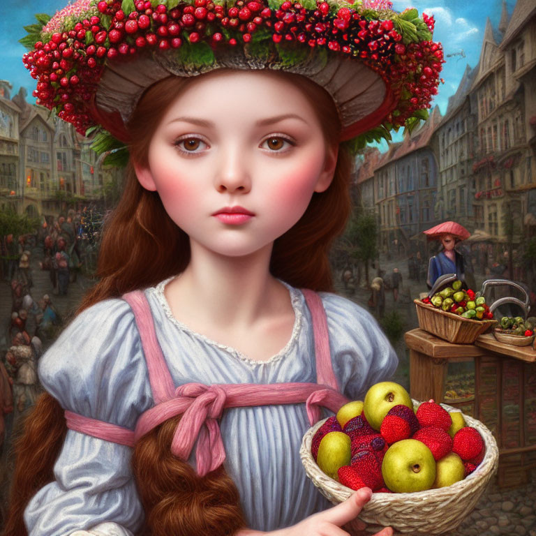 Medieval street scene painting featuring young girl with fruit hat.