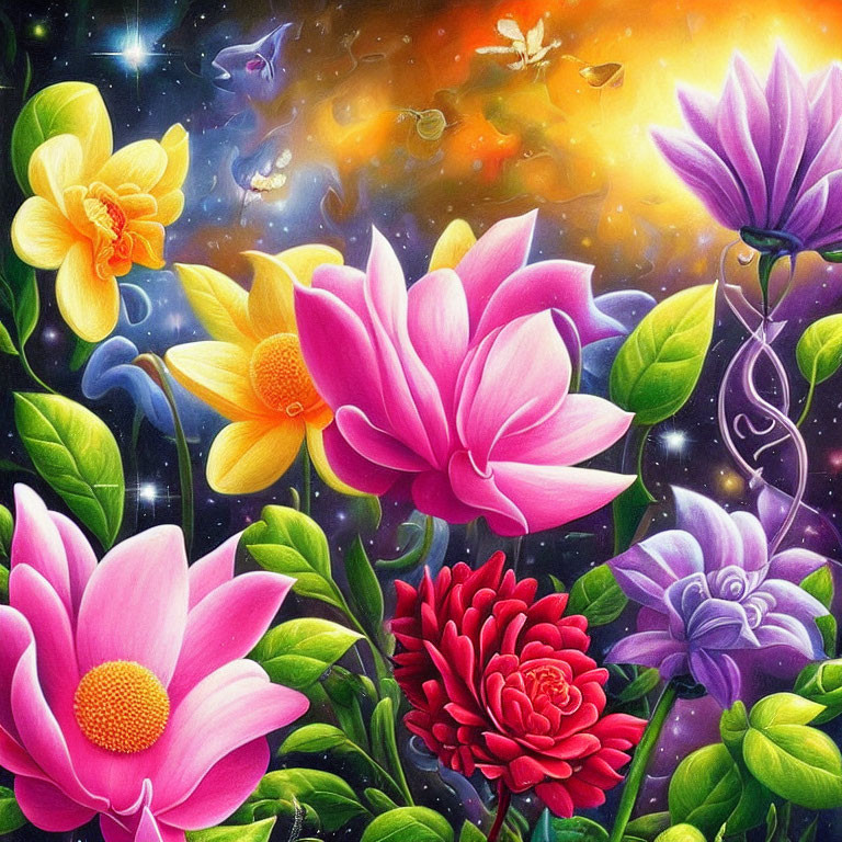 Colorful Flowers and Butterflies in Cosmic Setting