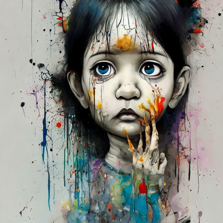 Colorful Paint Splatters Surrounding Child with Striking Blue Eyes