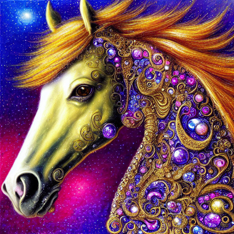 Golden horse with jewel-encrusted mane on cosmic backdrop