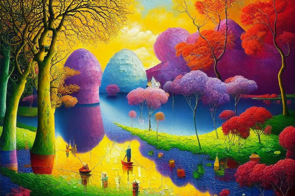 Colorful Fantastical Landscape with Trees, Eggs, River, Boats, and House