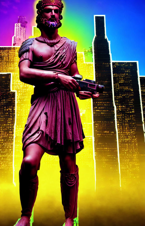 Digital Artwork: Greek warrior statue with modern gun in neon cityscape