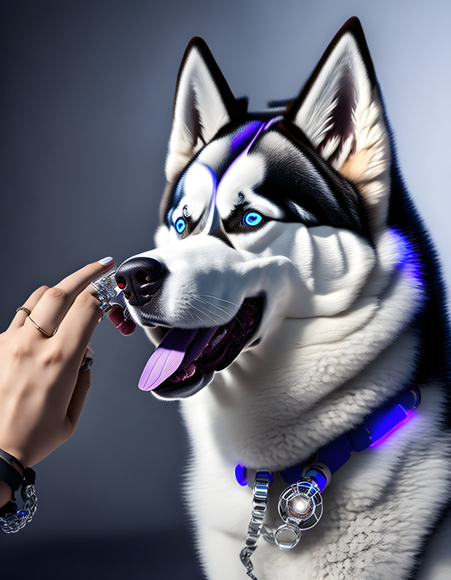 Siberian Husky with Blue Eyes and Collar Tags Looks at Human Hand