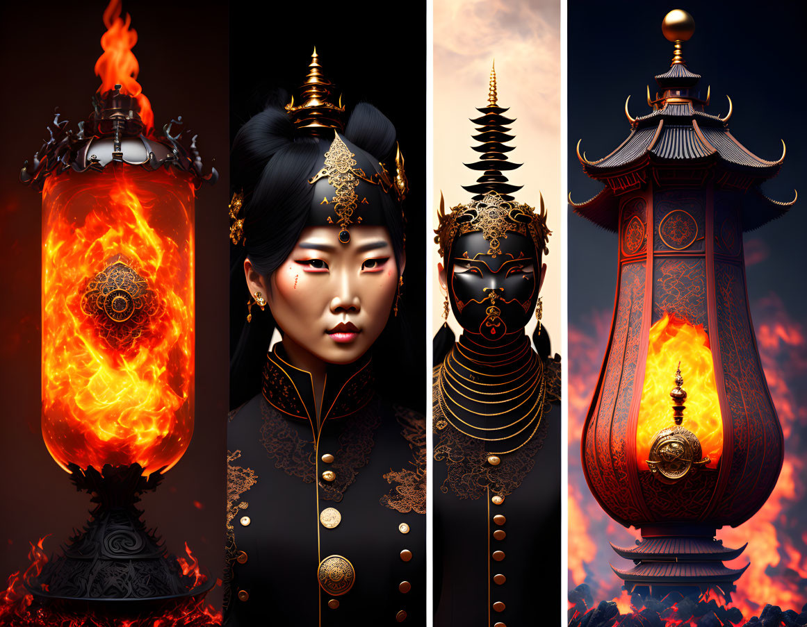 Fiery Fantasy Triptych: Lantern, Regal Woman, Ornate Structure