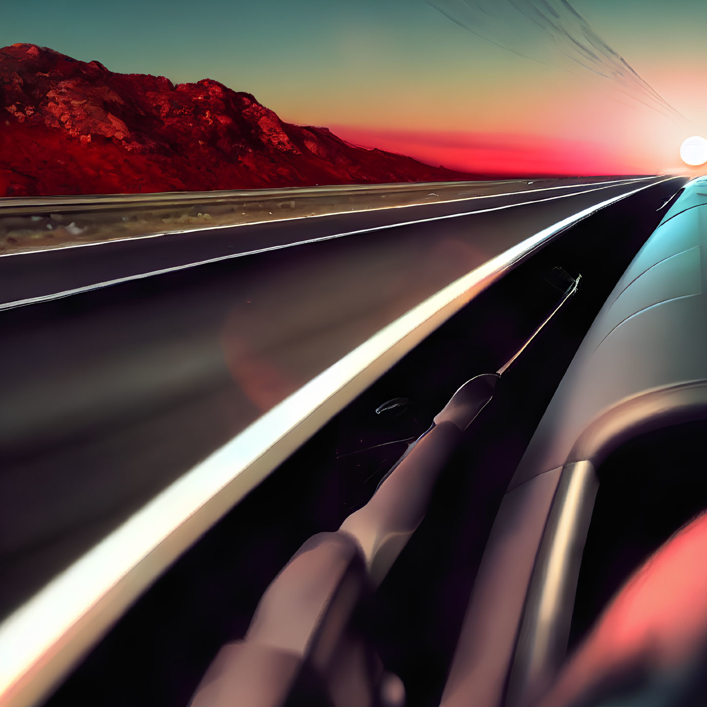 Sunset view from car's passenger seat with dashboard and blurred landscape.