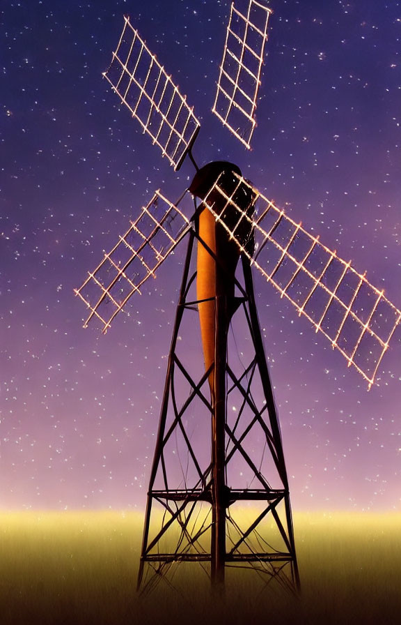 Traditional windmill silhouette against starry twilight sky