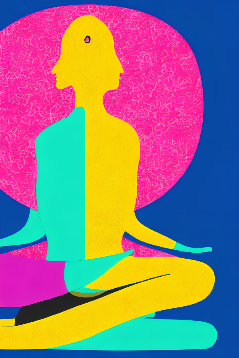 Colorful digital art: Side profile of person meditating on bright pink background