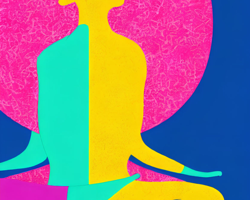 Colorful digital art: Side profile of person meditating on bright pink background