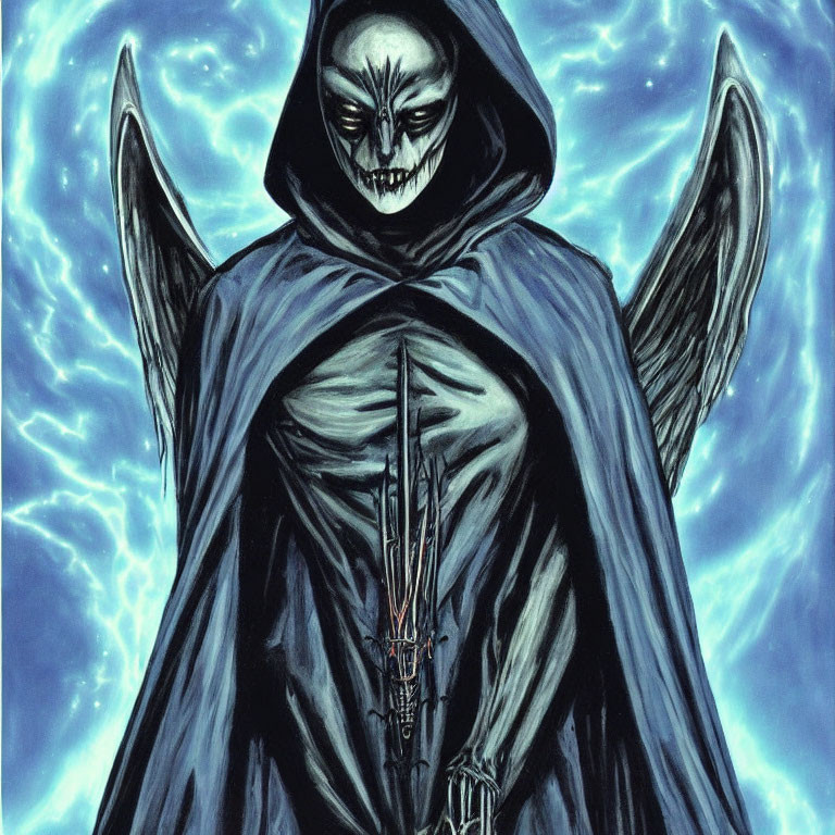 Sinister cloaked figure with skeletal face and sword in stormy setting