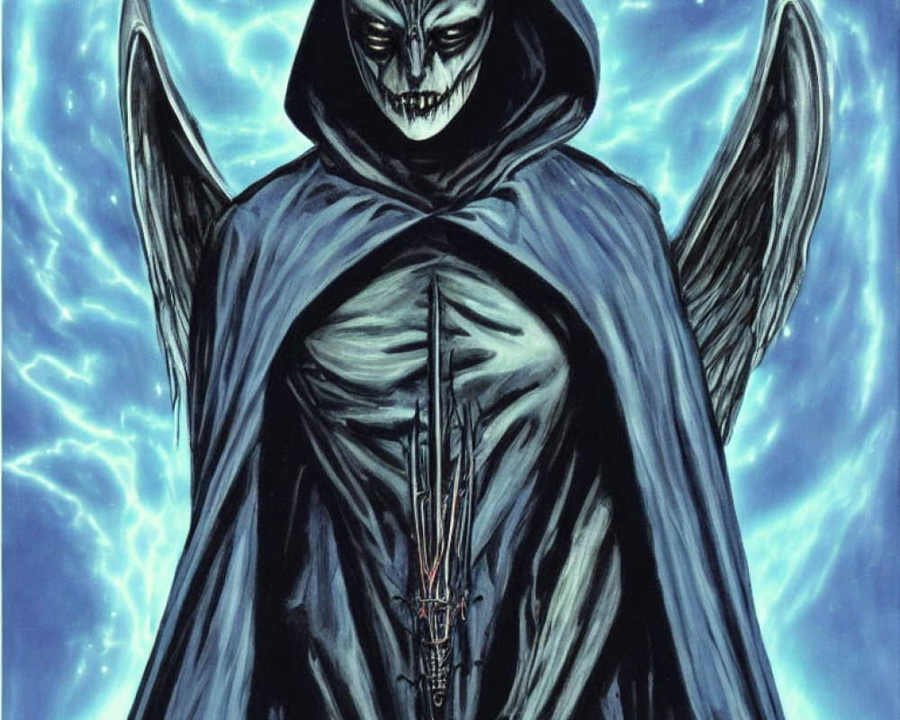 Sinister cloaked figure with skeletal face and sword in stormy setting