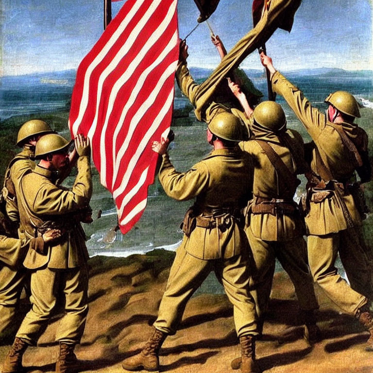 Military soldiers raising large American flag in historic war simulation, coastline in background