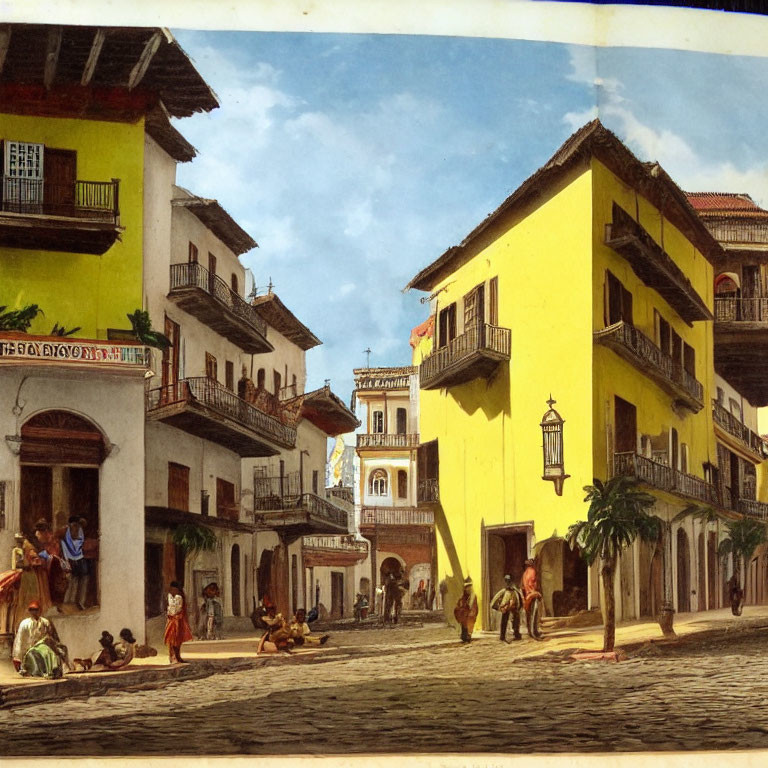 Colonial-style buildings and people in a vibrant street scene