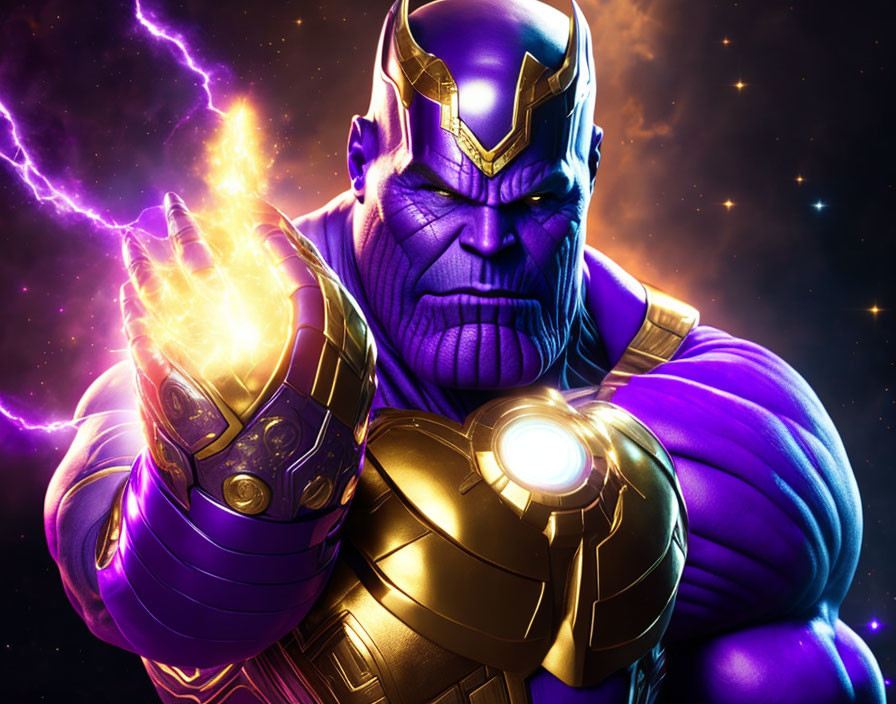 Purple-skinned character in golden armor clenching glowing fist against cosmic backdrop