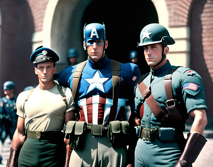 Three individuals in military-style costumes with a superhero in a shield outfit and two others in army gear standing