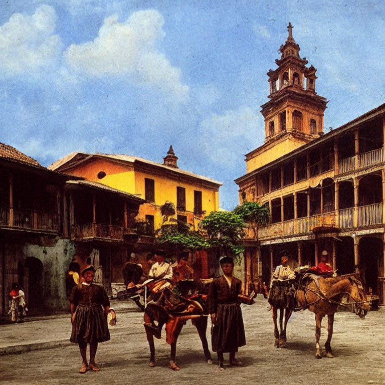 People in traditional attire walk and ride horses in historic square with colonial architecture and bell tower.