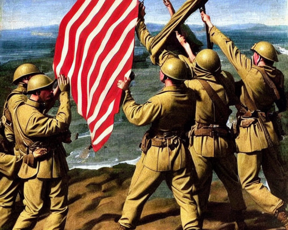 Military soldiers raising large American flag in historic war simulation, coastline in background