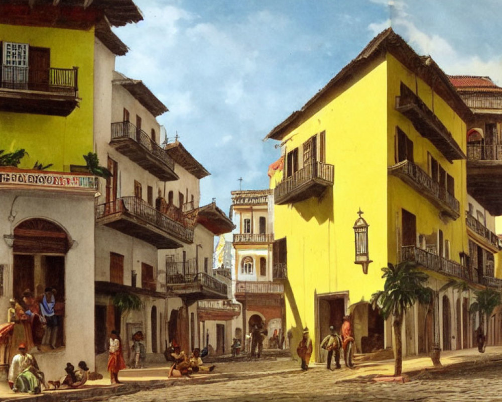 Colonial-style buildings and people in a vibrant street scene