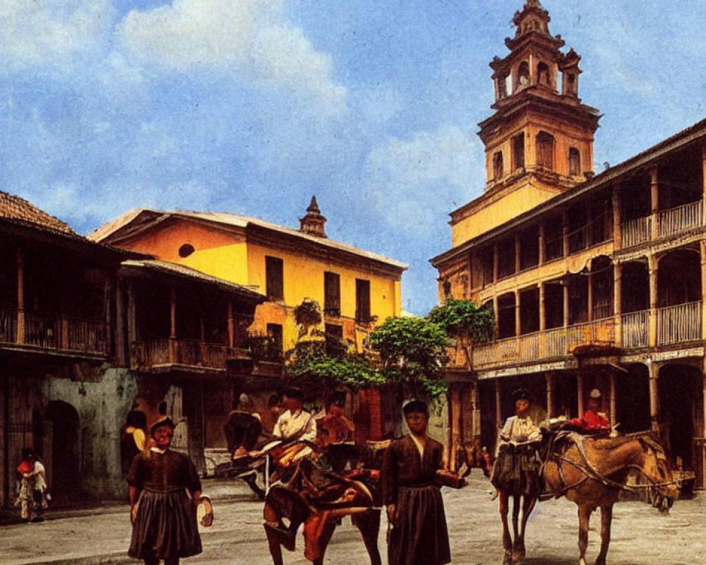 People in traditional attire walk and ride horses in historic square with colonial architecture and bell tower.