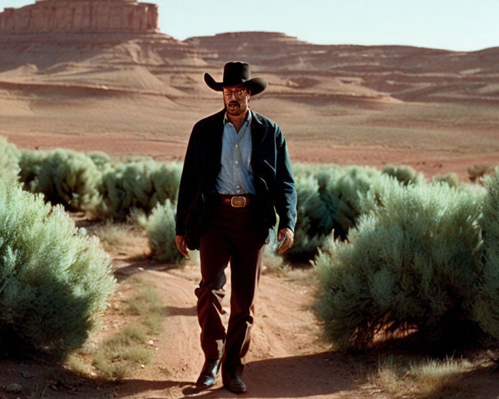 Cowboy walking on dusty rural road with desert landscape.