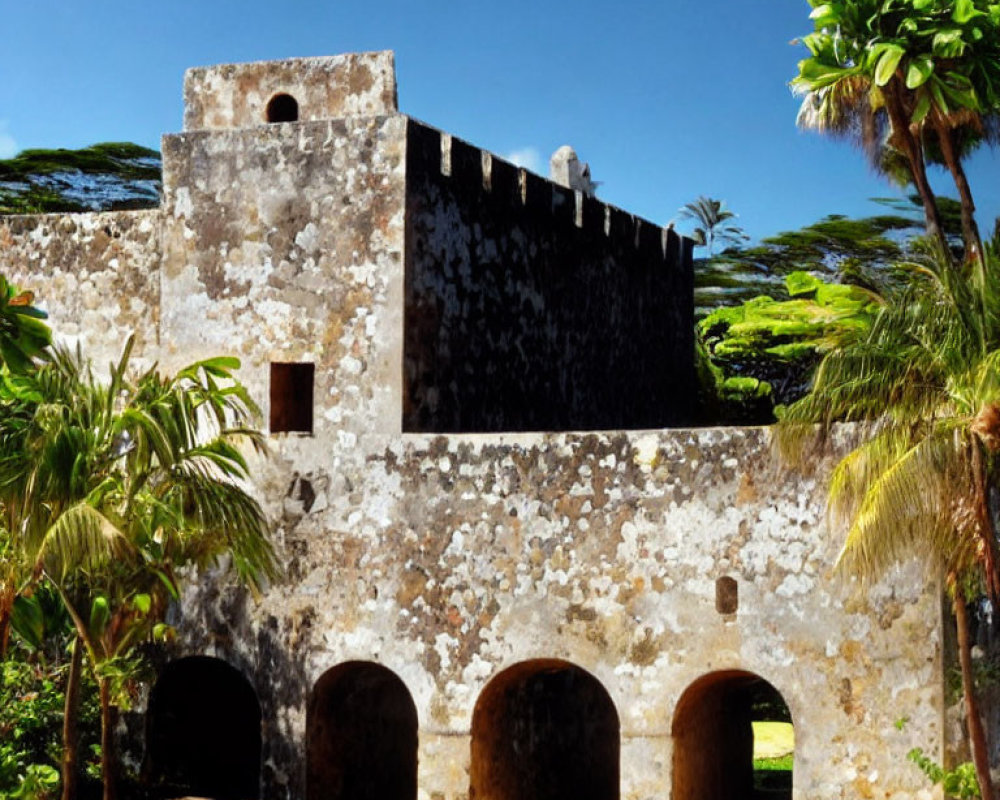 Stone fortress with arched entrances in tropical setting