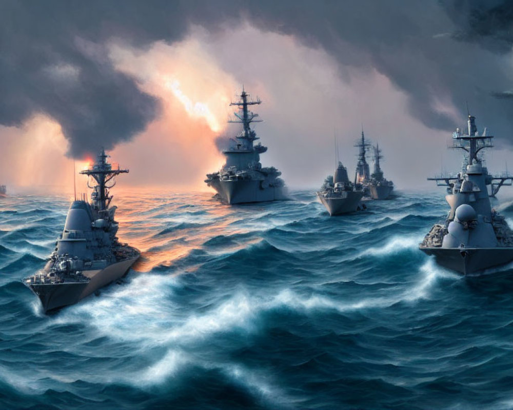 Warships sailing through rough seas under dramatic sky with dark clouds and glowing sunset