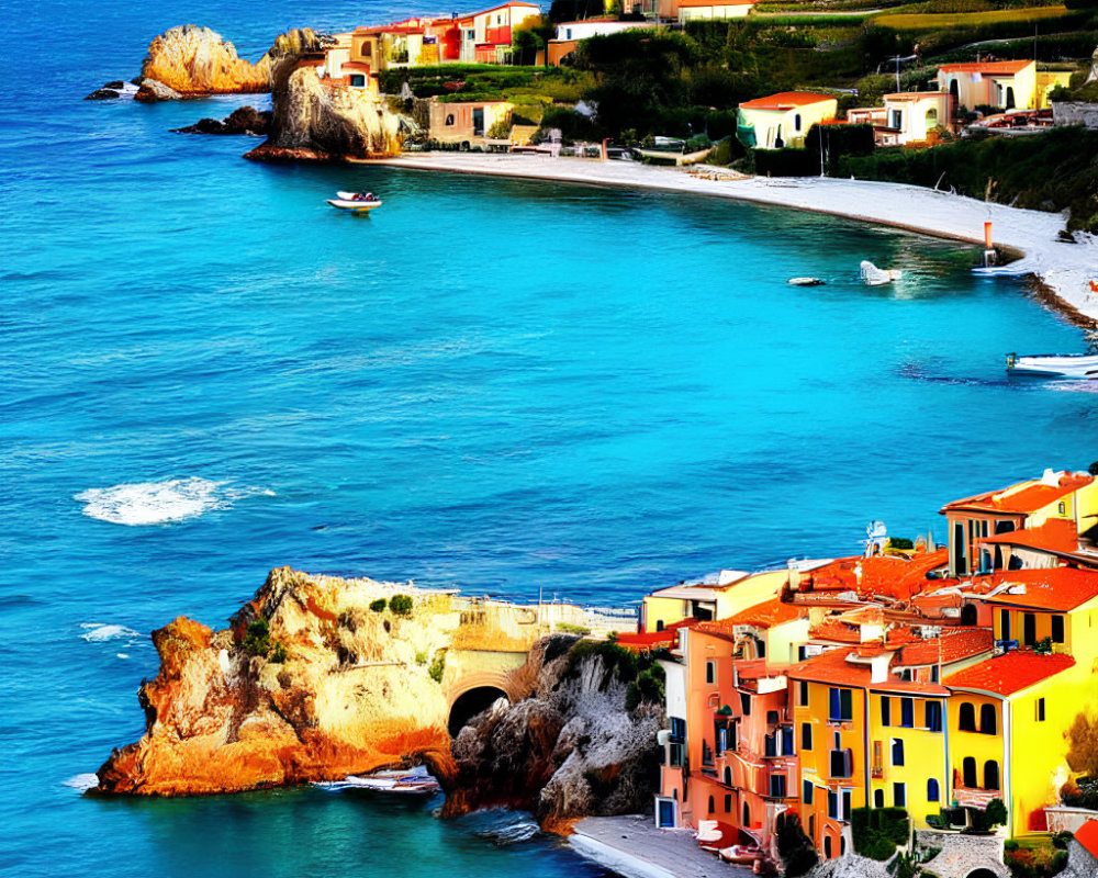 Colorful Coastal Scene with Buildings, Sea, Rocks, Boats & Sky