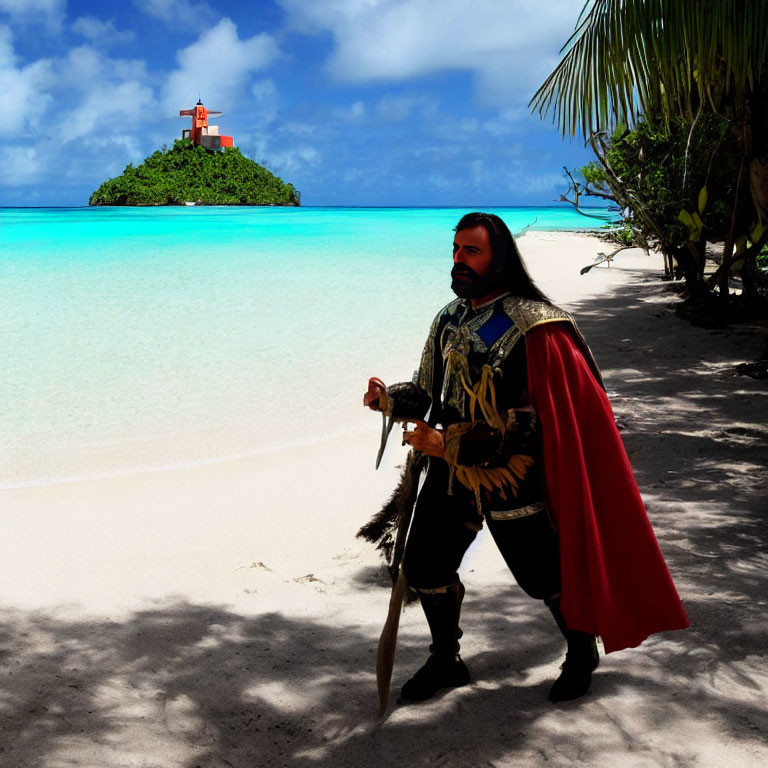 Pirate in costume on tropical beach with clear blue water and small island view