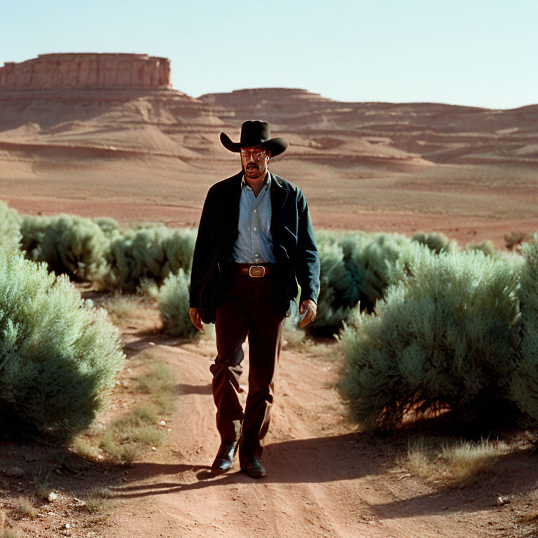 Cowboy walking on dusty rural road with desert landscape.