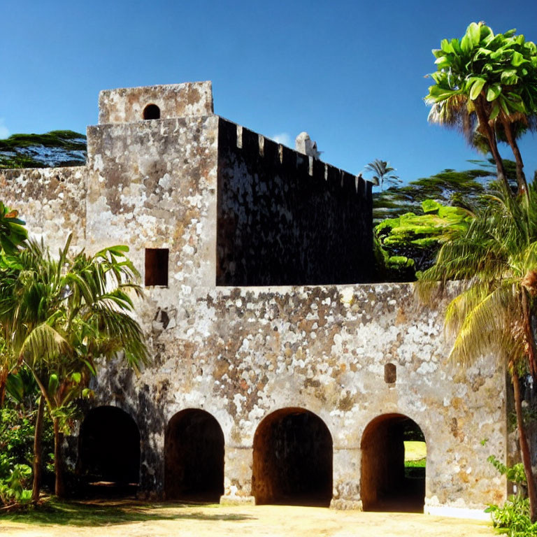 Stone fortress with arched entrances in tropical setting