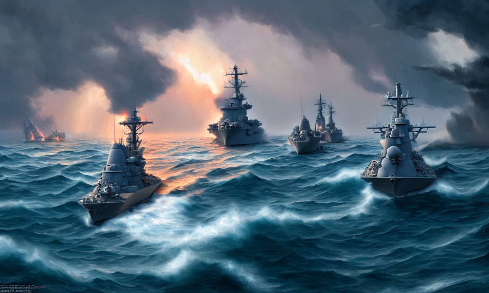 Warships sailing through rough seas under dramatic sky with dark clouds and glowing sunset