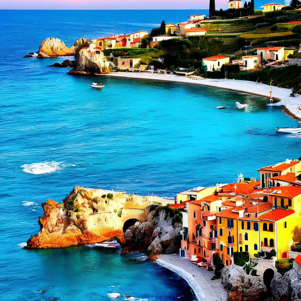 Colorful Coastal Scene with Buildings, Sea, Rocks, Boats & Sky