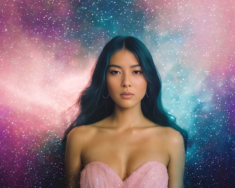 Woman with Long Dark Hair in Vibrant Pink and Blue Cosmic Nebulae