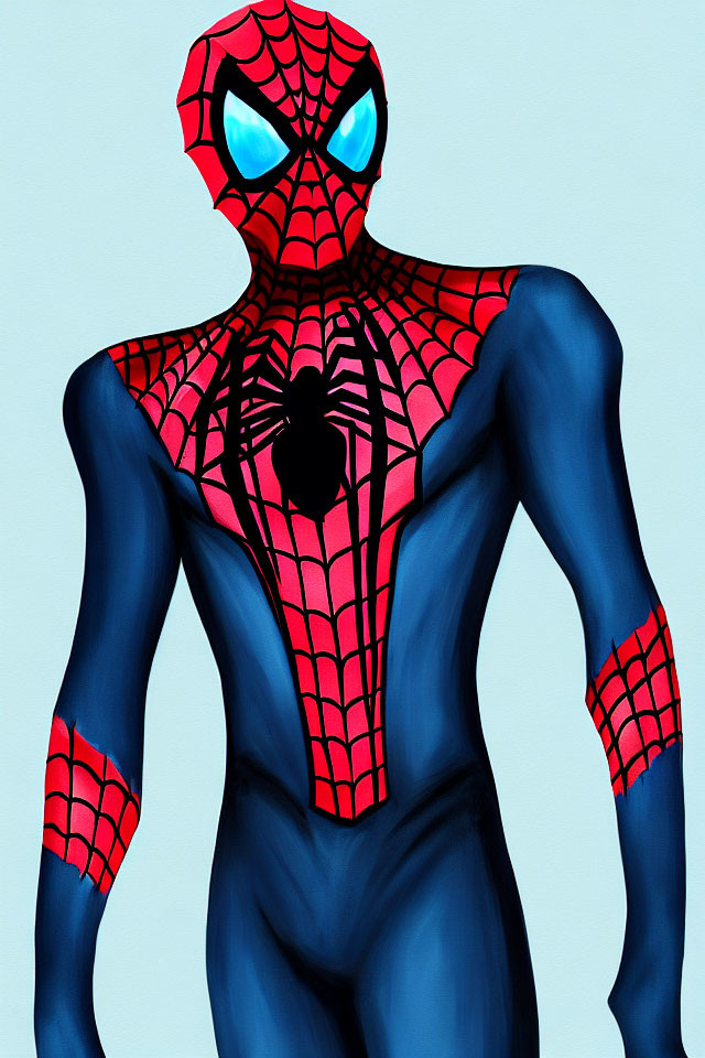 Person in Spider-Man Costume with Red and Blue Pattern on Light Blue Background