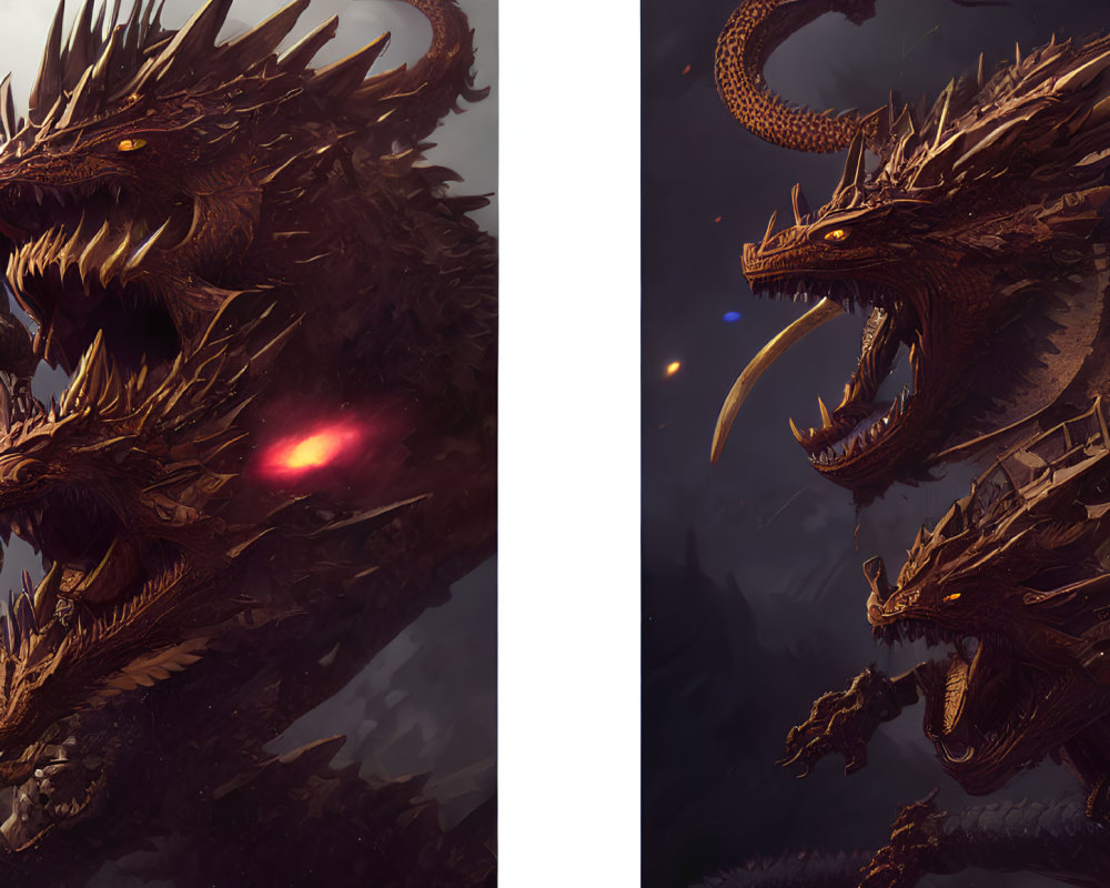 Detailed Multi-Headed Dragon Artwork with Glowing Eyes & Sharp Horns