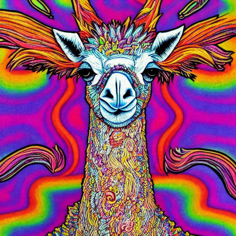 Colorful Psychedelic Llama Illustration with Vibrant Patterns