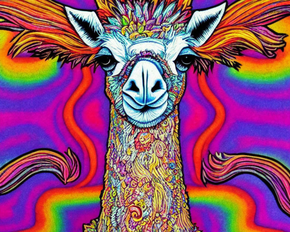 Colorful Psychedelic Llama Illustration with Vibrant Patterns