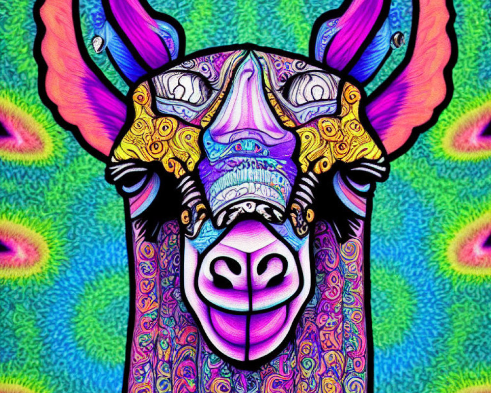 Vibrant psychedelic bull head with intricate patterns and peacock feather backdrop