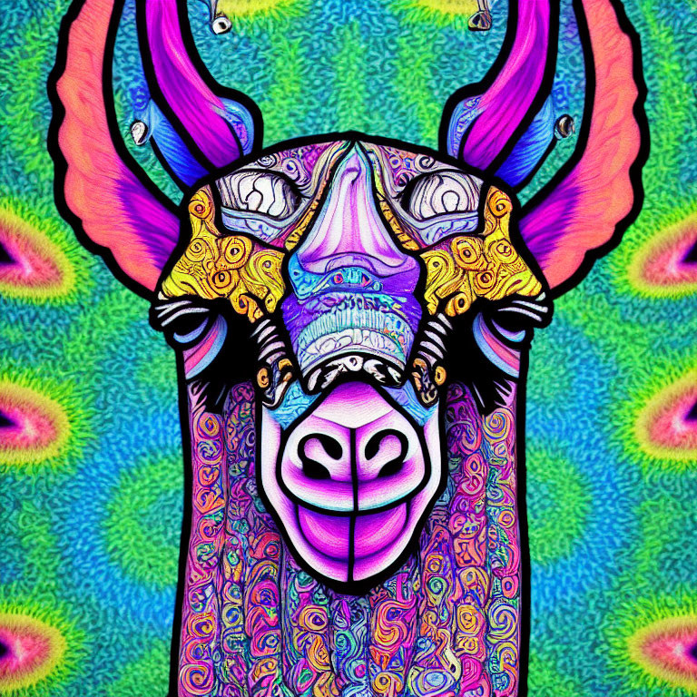 Vibrant psychedelic bull head with intricate patterns and peacock feather backdrop