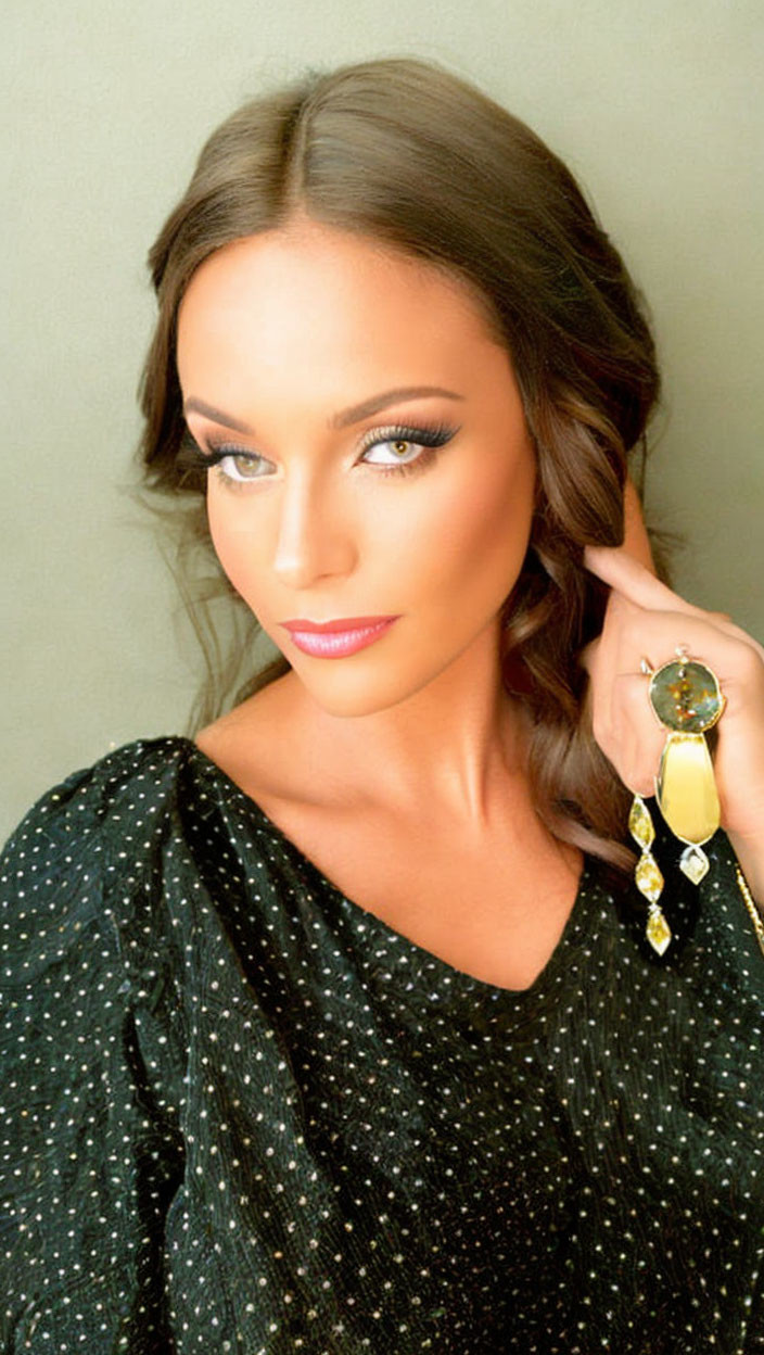 Woman with wavy hair and makeup showcasing large gemstone ring and glittery black top