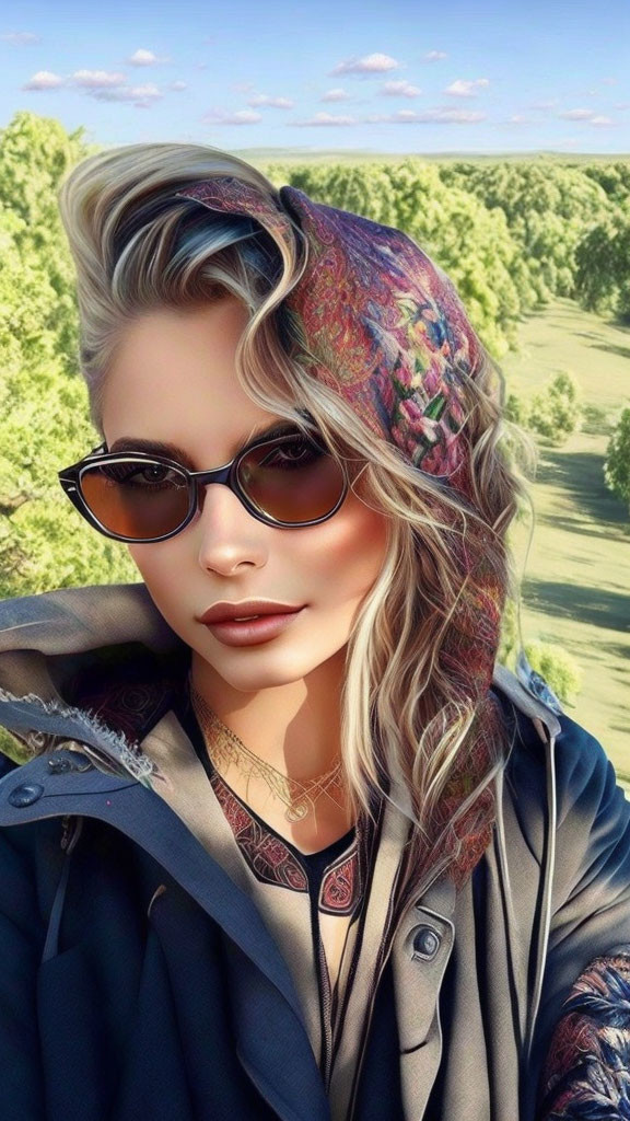 Blonde woman with sunglasses and headscarf in nature landscape