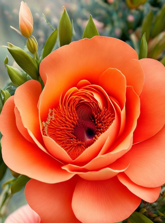 Detailed Orange Flower with Spiraling Center and Soft Petals on Blurred Background