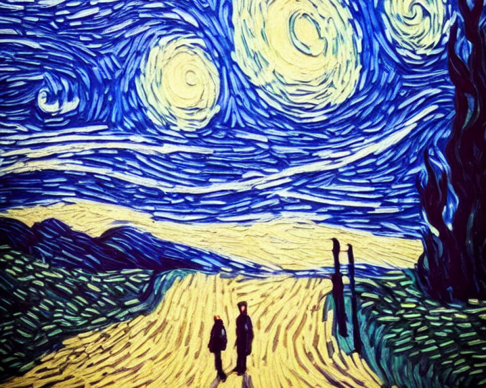 Swirling Blue and Yellow Starry Night Sky Landscape with Figures