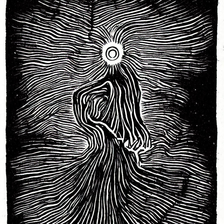 Monochrome illustration of person fused with swirling lines for hypnotic vibe