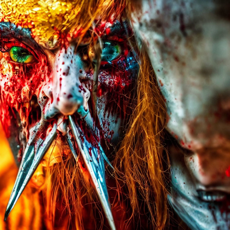 Close-up of two faces with vivid green eyes, one with blood splatter and sharp teeth