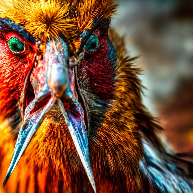 Vibrant Rooster with Green Eyes and Colorful Plumage