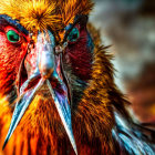 Close-up of two faces with vivid green eyes, one with blood splatter and sharp teeth