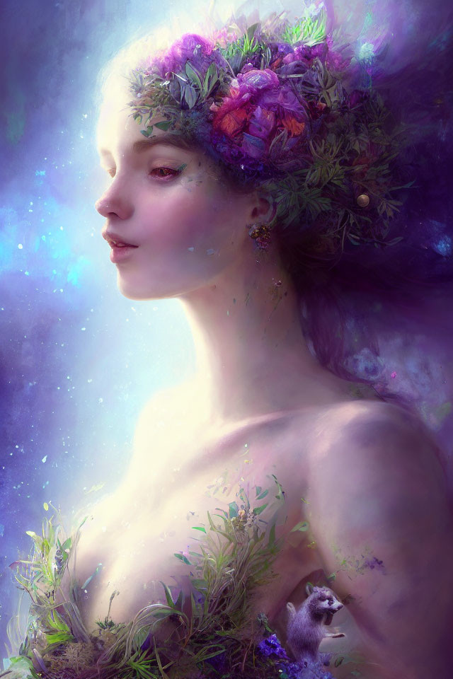 Whimsical painting of woman with floral crown and celestial freckles