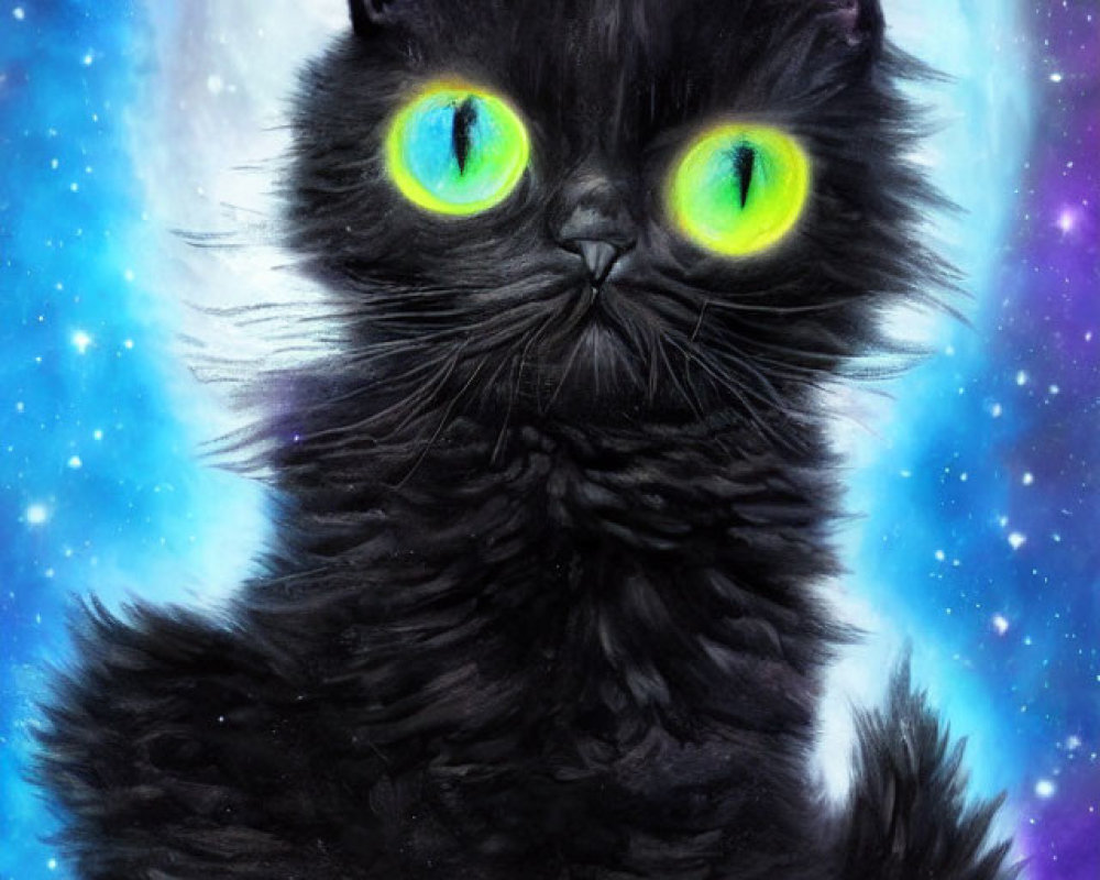 Black Cat with Green Eyes on Cosmic Blue Background