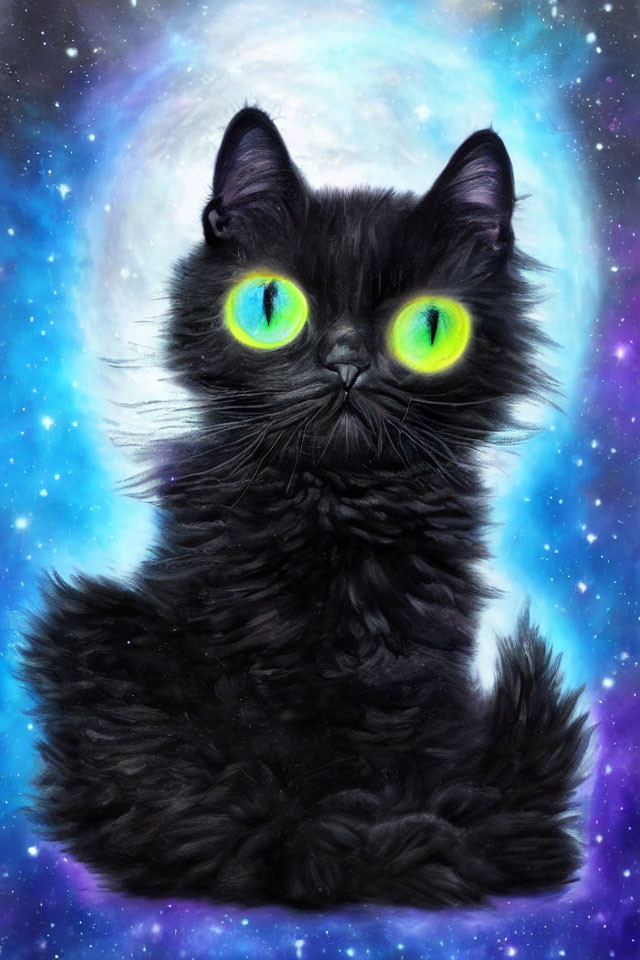 Black Cat with Green Eyes on Cosmic Blue Background